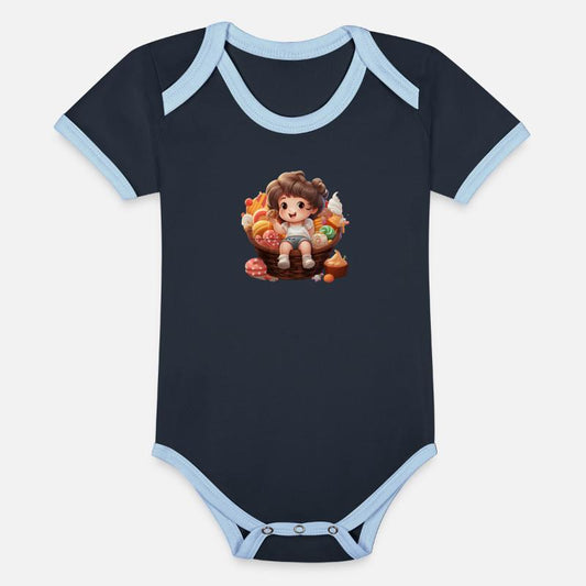 Cute chubby girl in sweets basket