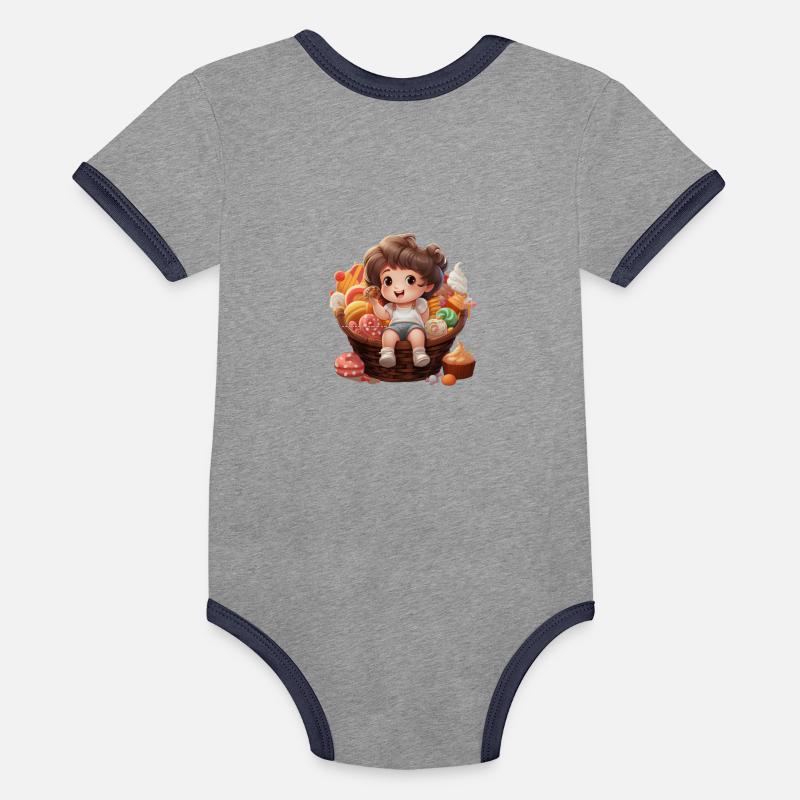 Cute chubby girl in sweets basket