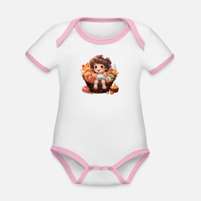 Cute chubby girl in sweets basket