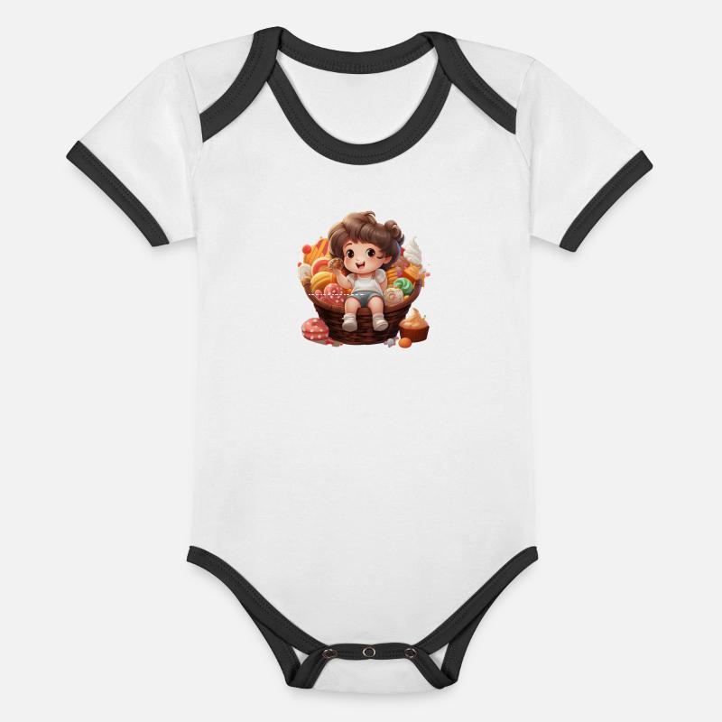 Cute chubby girl in sweets basket