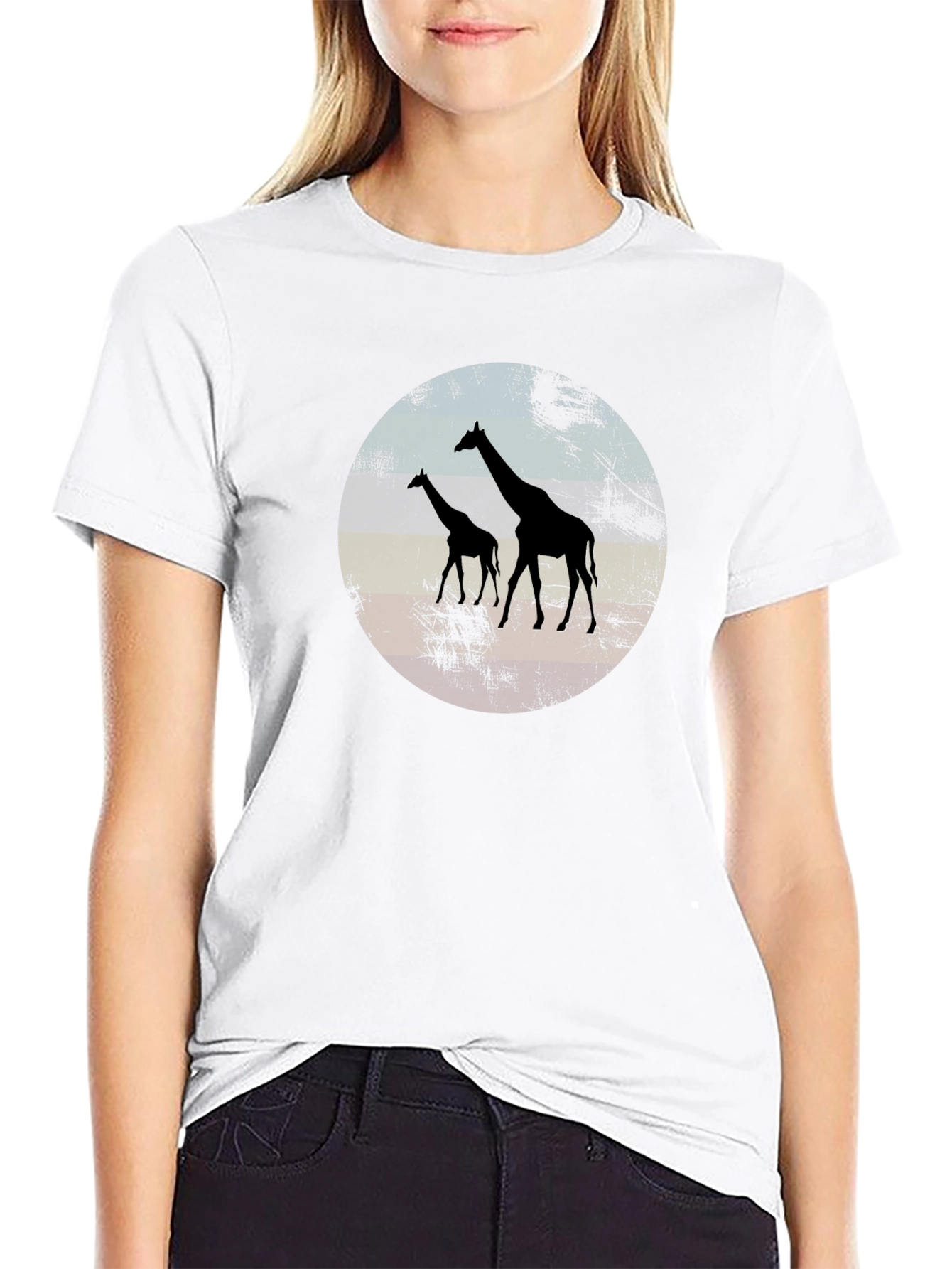 Giraffe Sunset Graphic Tee - Black Crew Neck