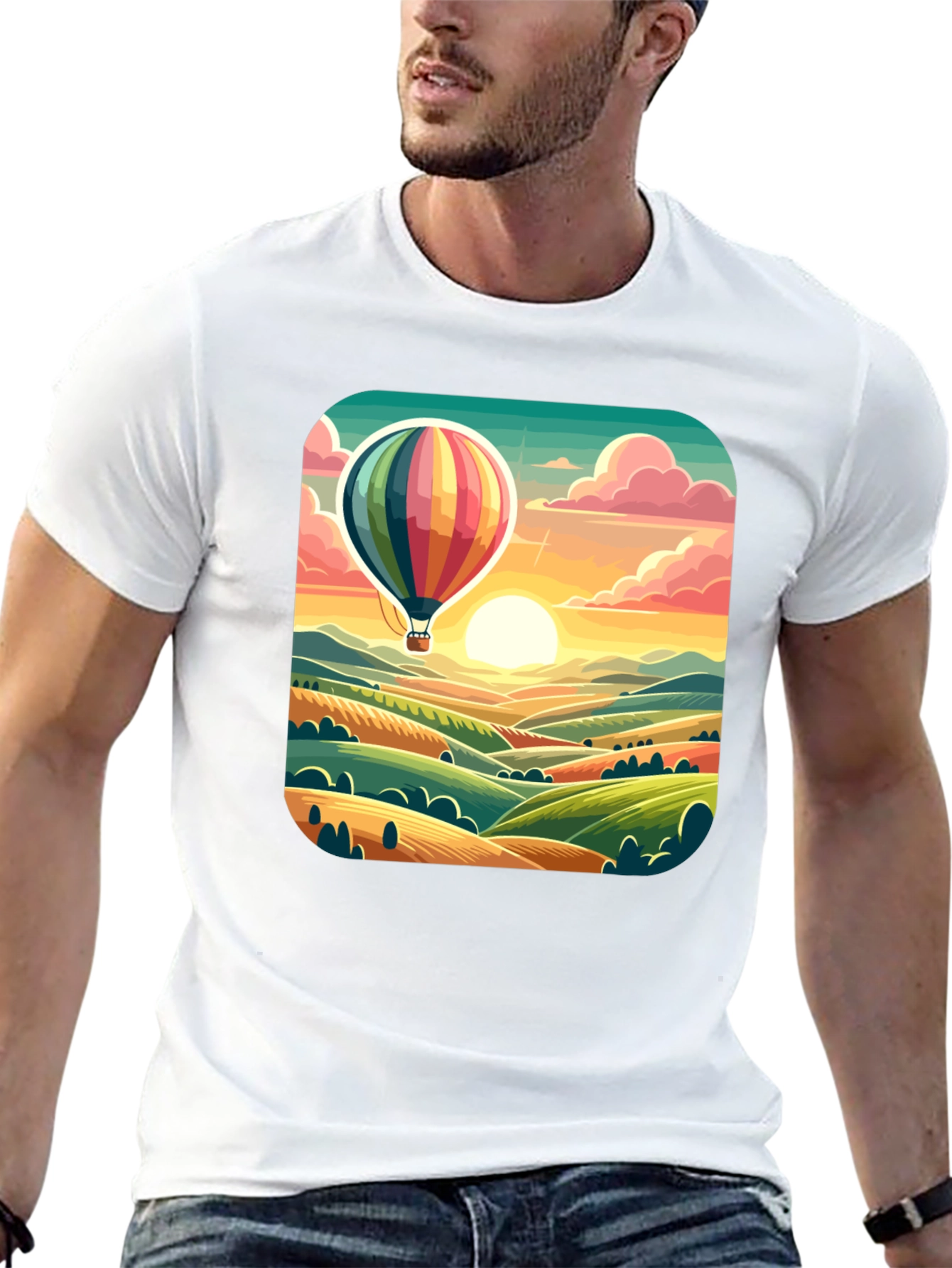 Hot Air Balloon Landscape Graphic Tee - Black