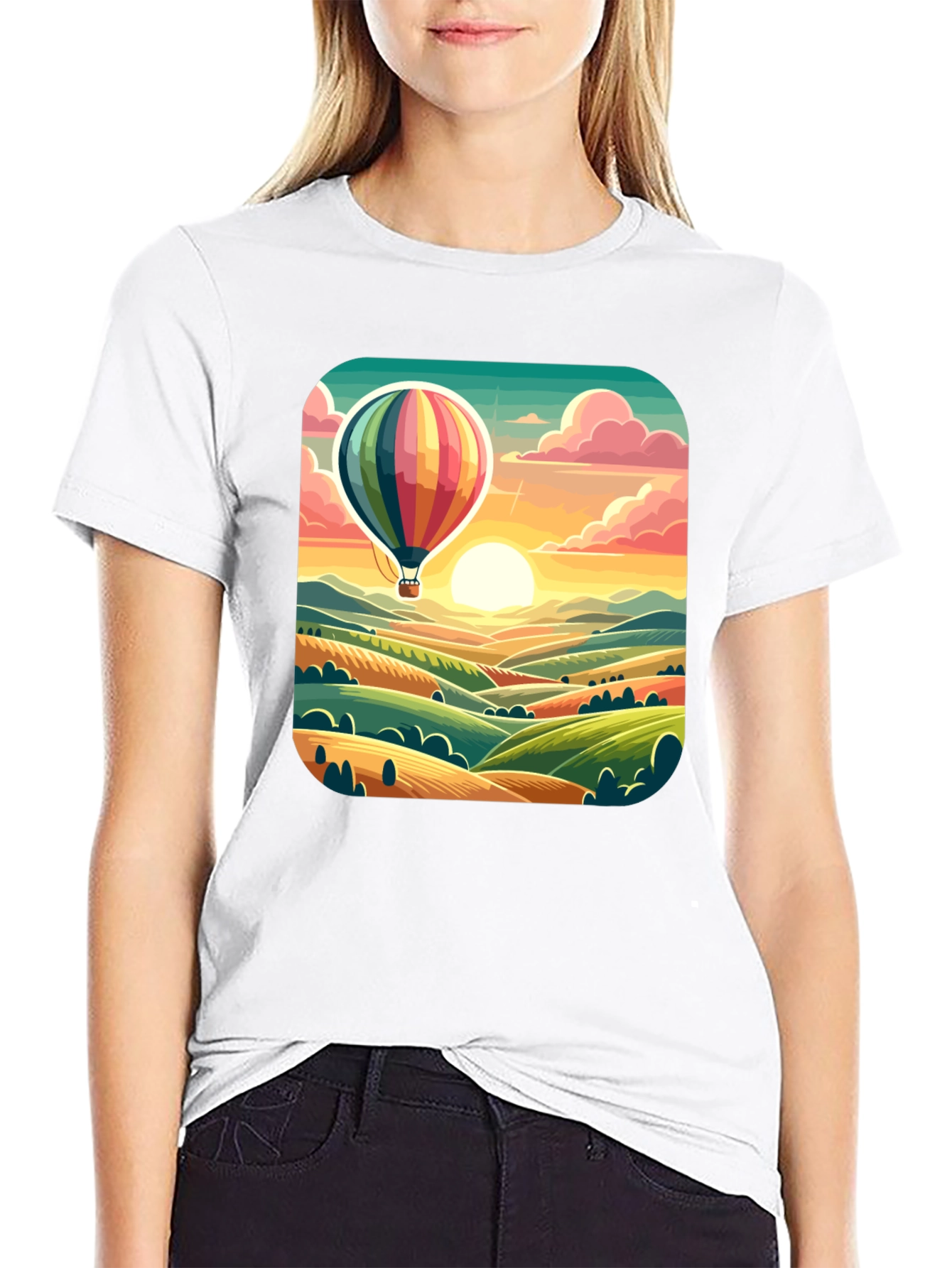 Hot Air Balloon Landscape Graphic Tee - Black
