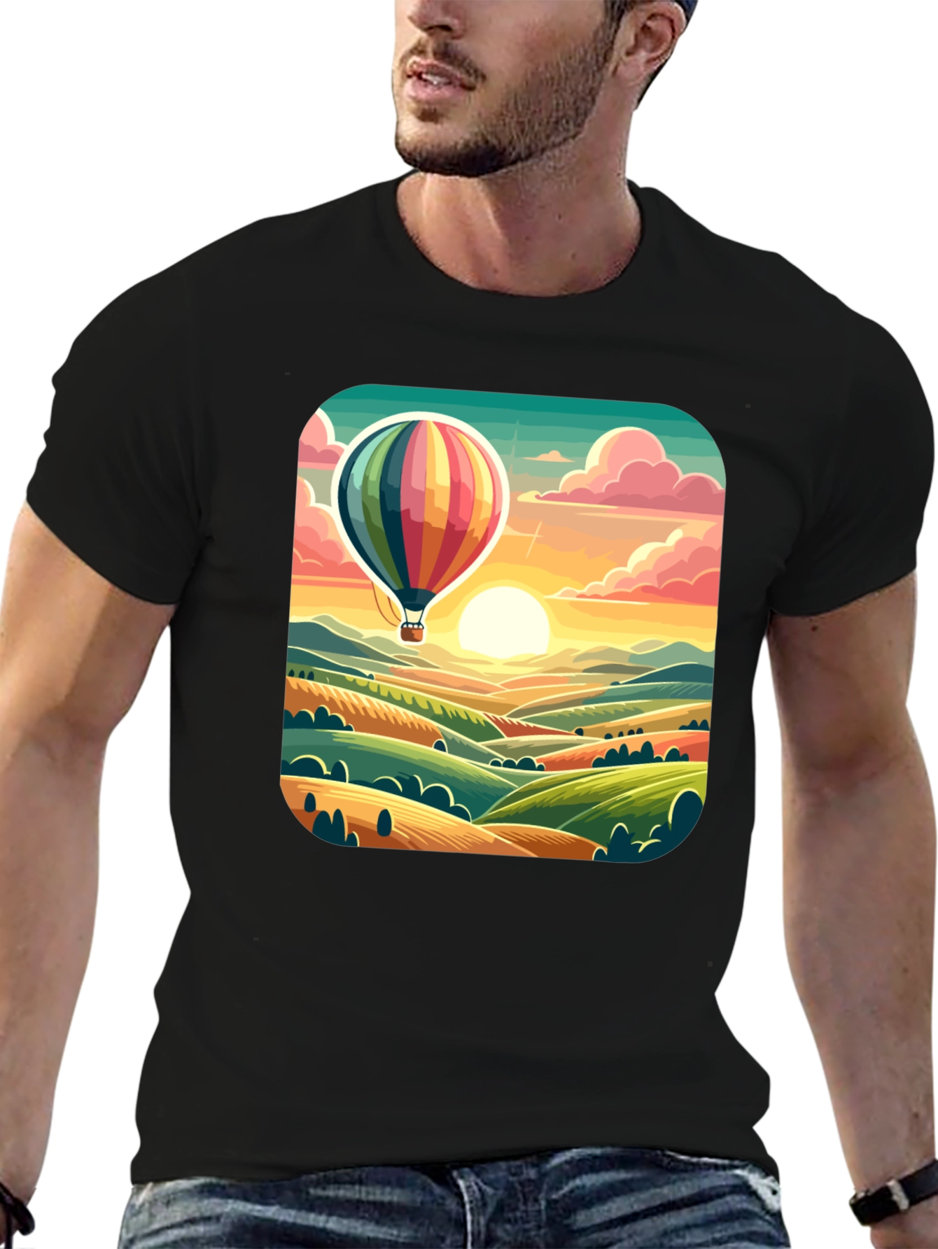 Hot Air Balloon Landscape Graphic Tee - Black