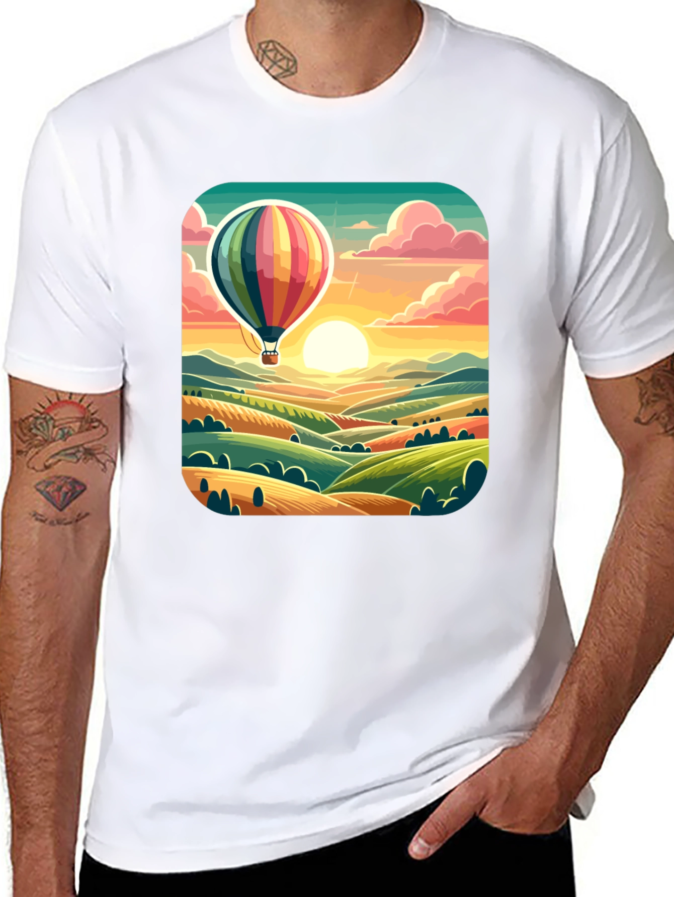 Hot Air Balloon Landscape Graphic Tee - Black