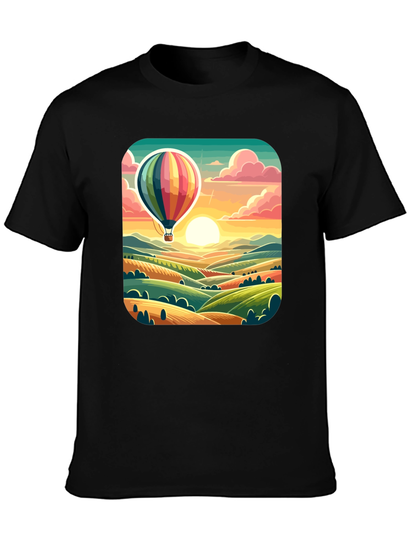 Hot Air Balloon Landscape Graphic Tee - Black