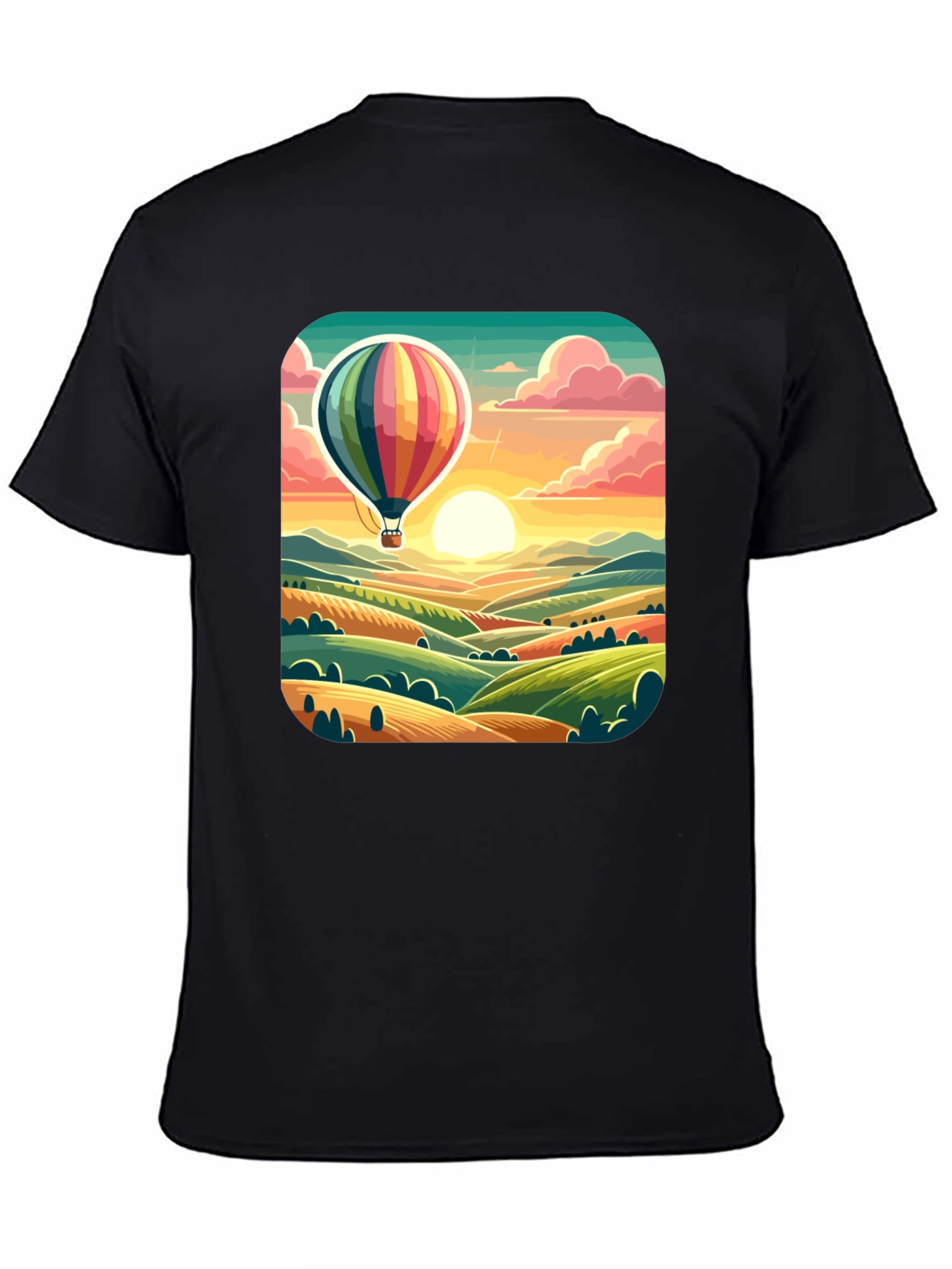 Hot Air Balloon Landscape Graphic Tee - Black