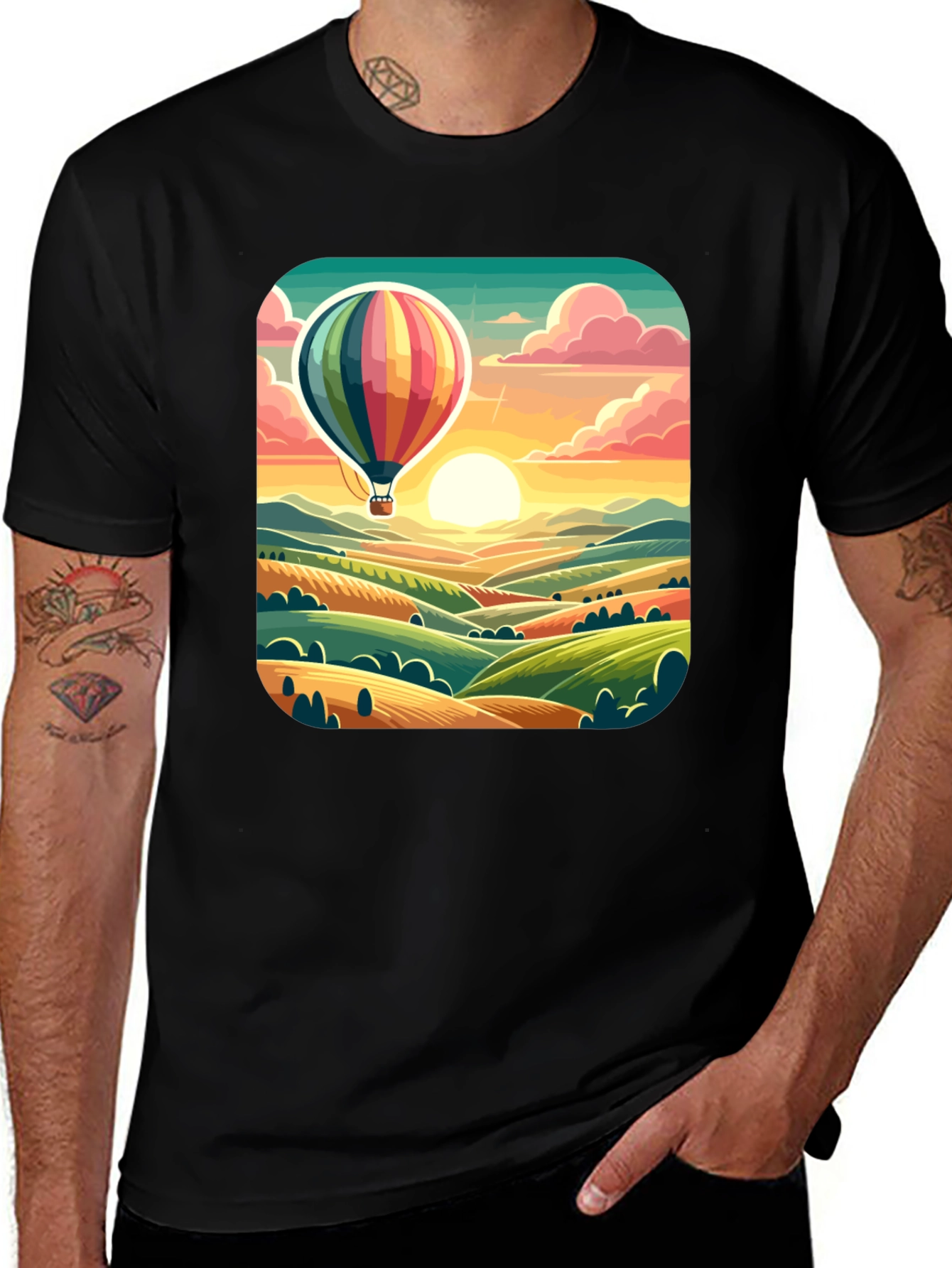Hot Air Balloon Landscape Graphic Tee - Black