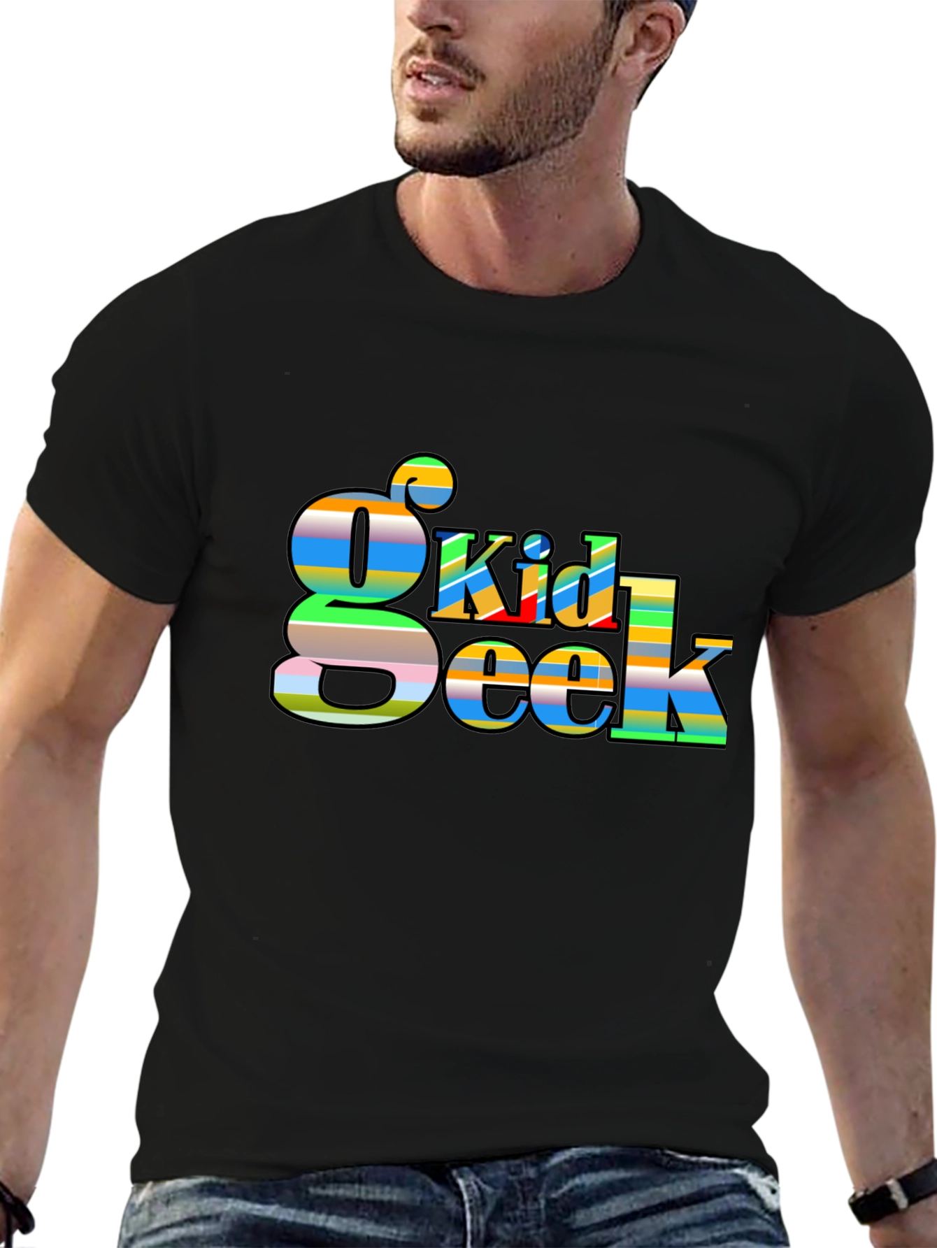 Geek Kid Striped Graphic Black T-Shirt
