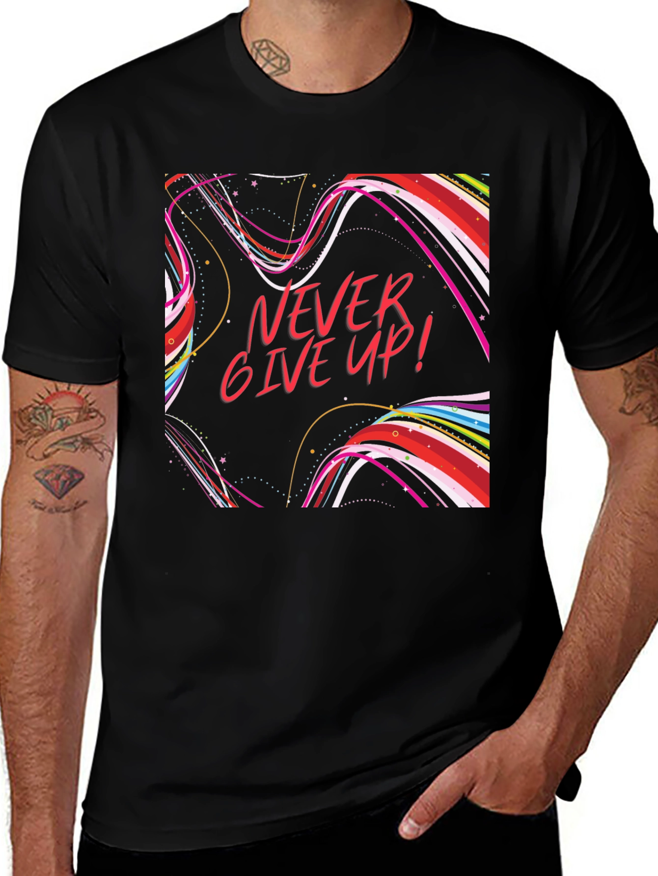 Never Give Up Graphic T-Shirt Black Cotton