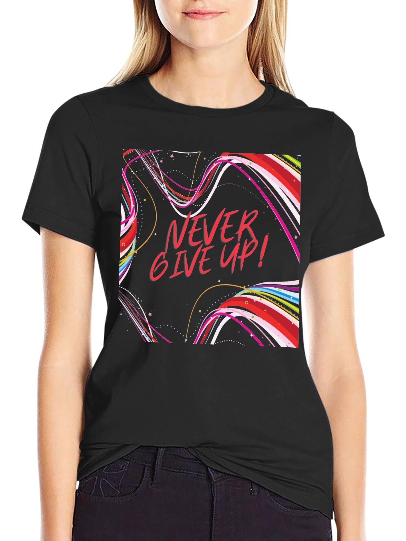 Never Give Up Graphic T-Shirt Black Cotton
