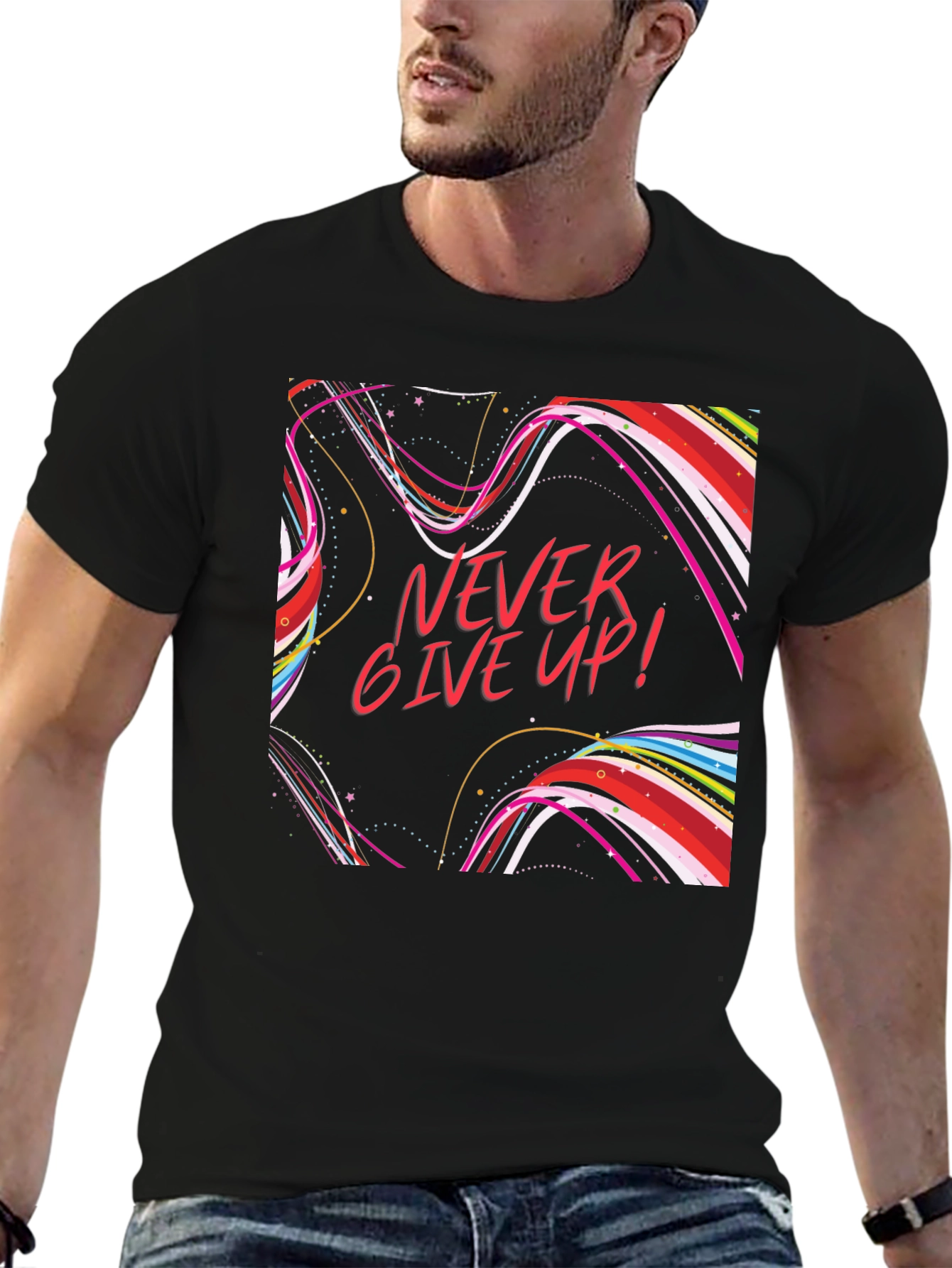 Never Give Up Graphic T-Shirt Black Cotton