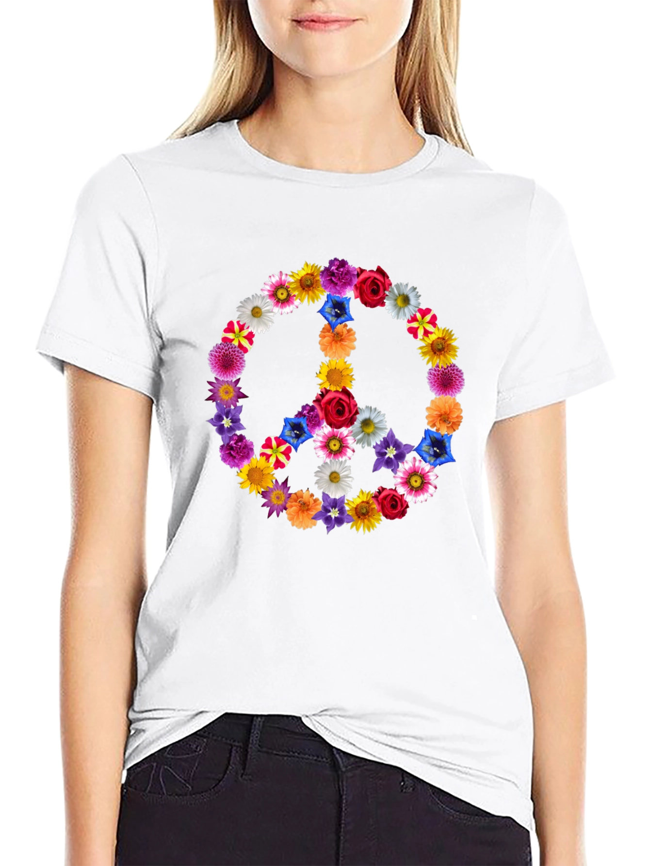 Floral Peace Sign Graphic Tee - Black
