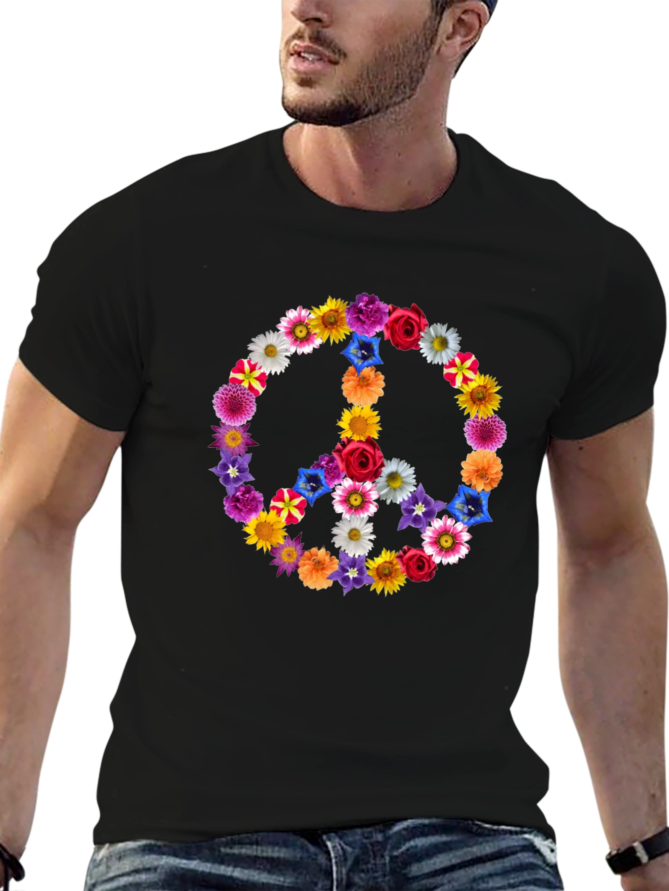 Floral Peace Sign Graphic Tee - Black