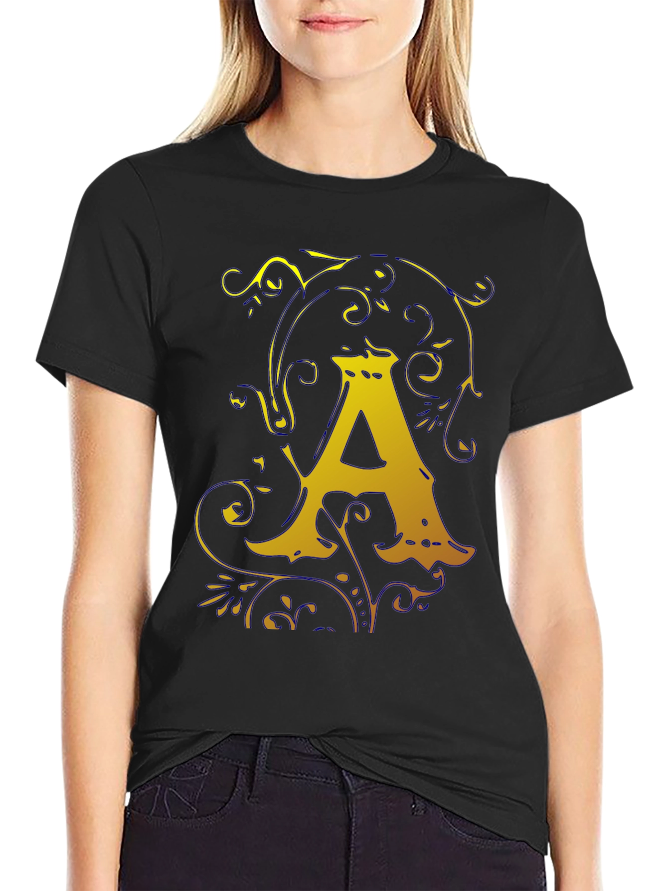 Letter A Graphic Tee - Gold Monogram T-Shirt