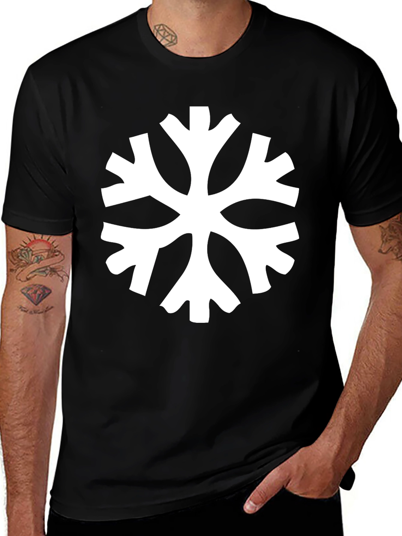 Black T-Shirt with White Snowflake Style Graphic