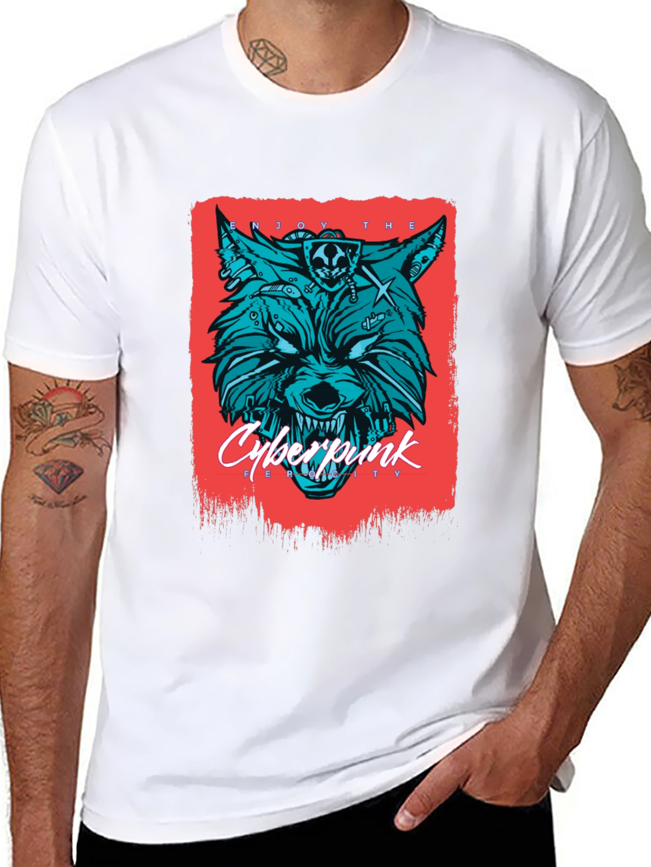 Cyberpunk Wolf Graphic Print T-Shirt - Mens Fashion Tee