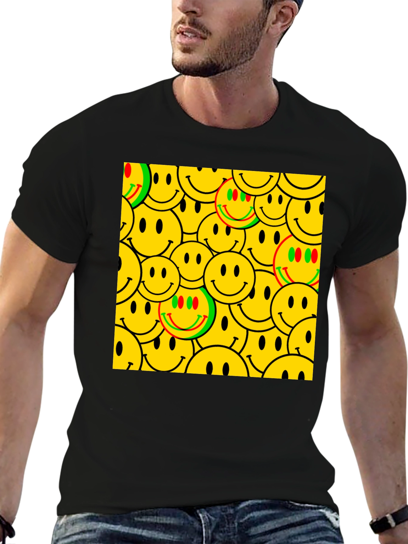 Smiley Face Pattern Black T-Shirt