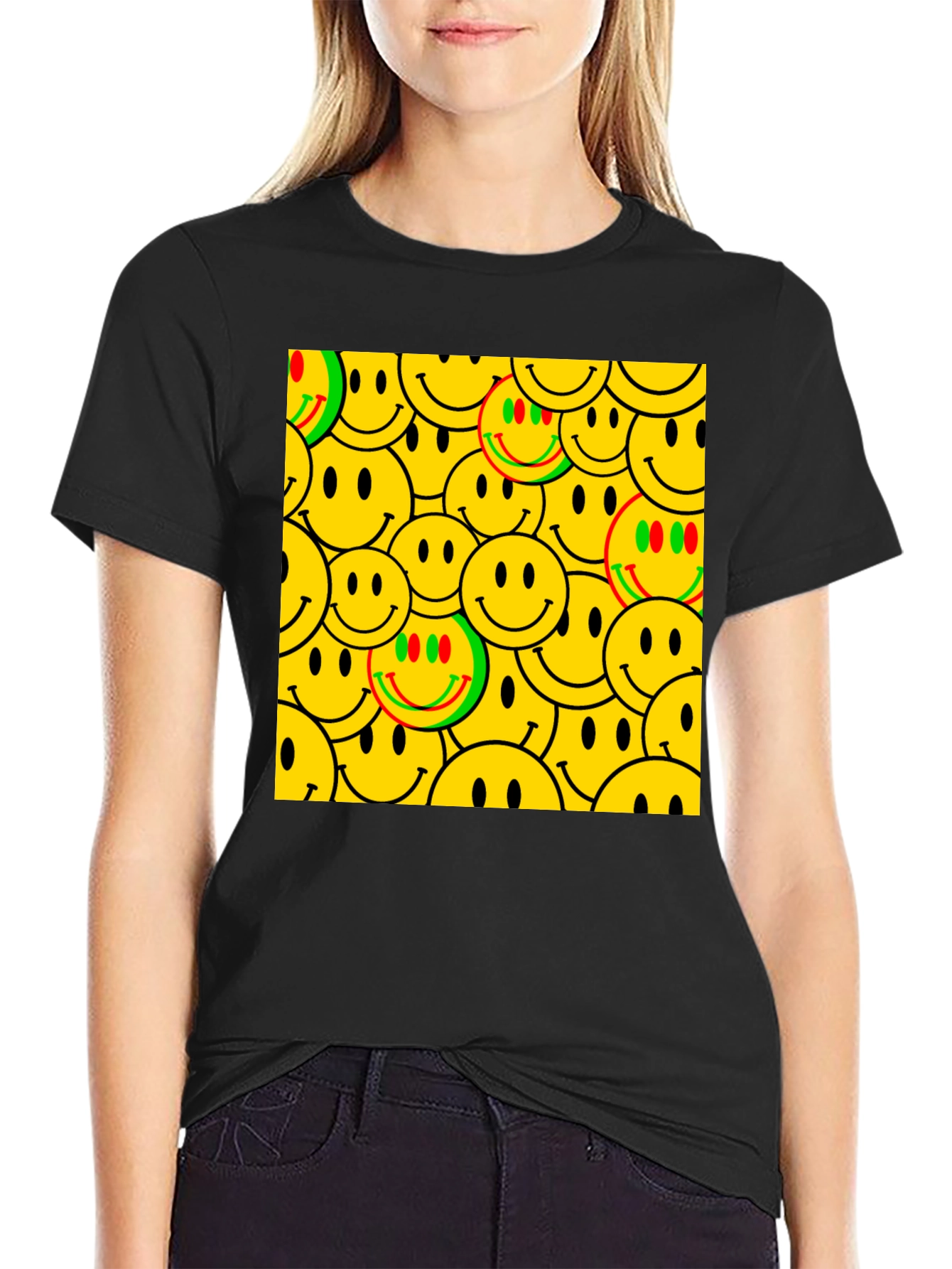 Smiley Face Pattern Black T-Shirt