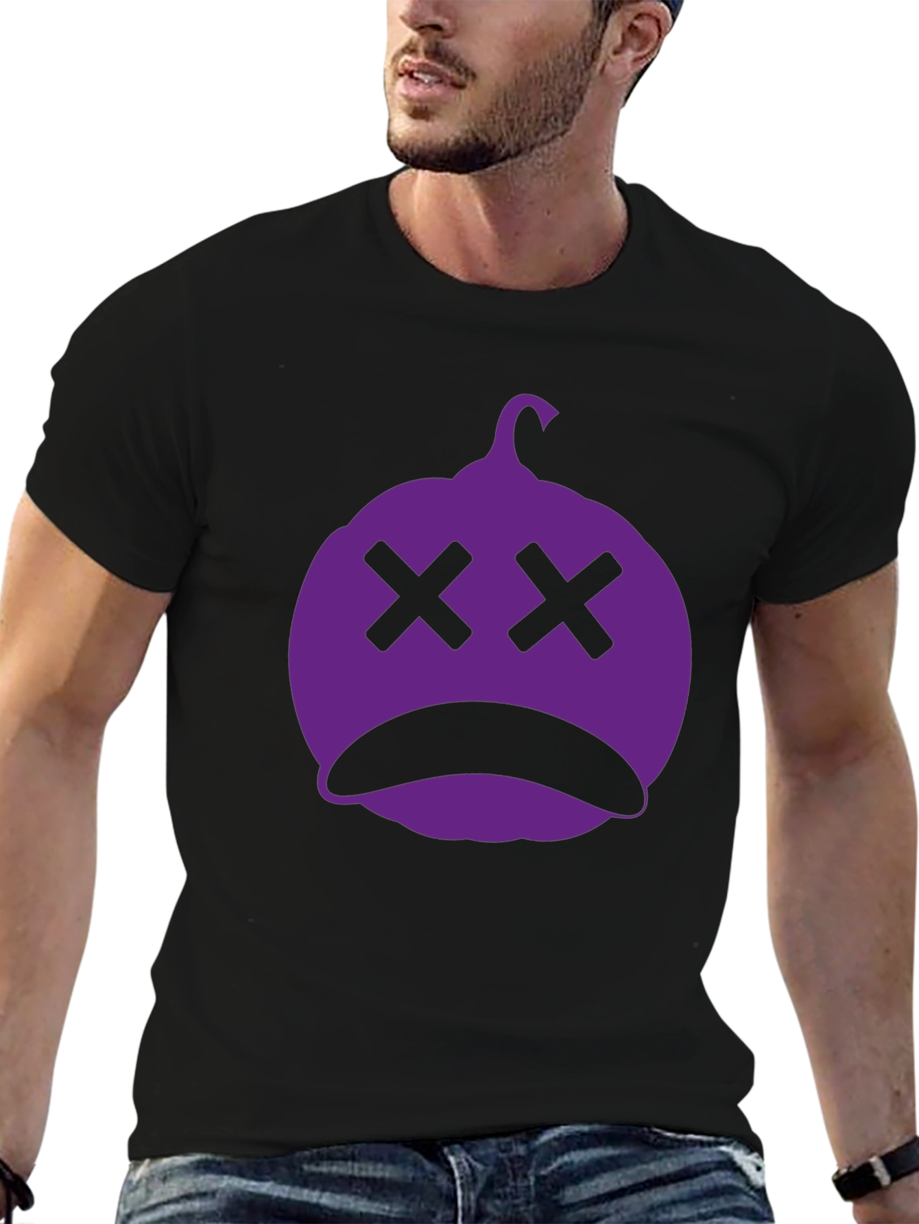 Spooky Purple Pumpkin Face Black T-Shirt