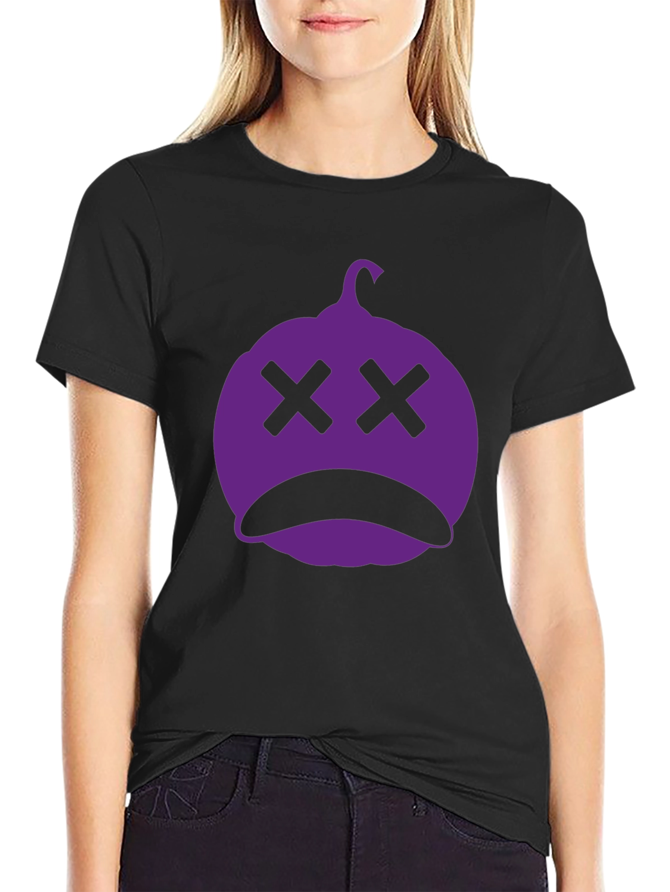 Spooky Purple Pumpkin Face Black T-Shirt