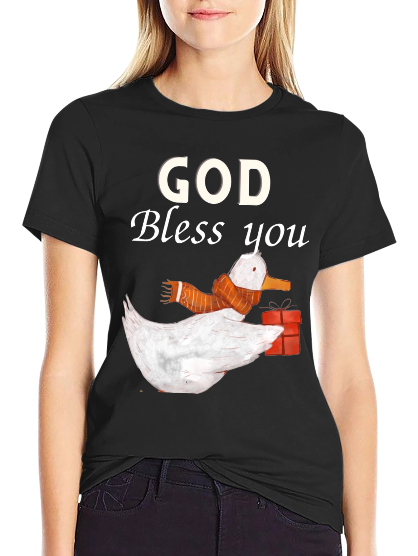 God Bless You Duck with Scarf Graphic Tee