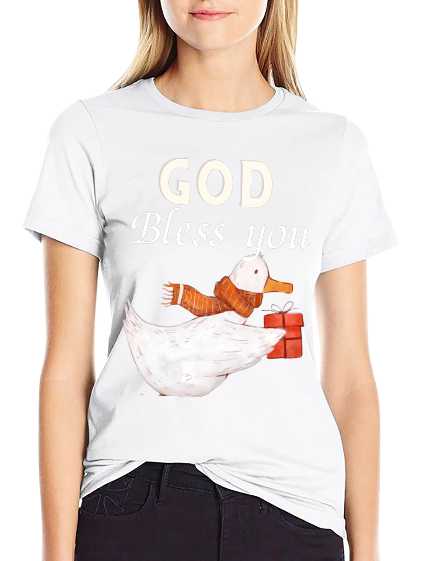 God Bless You Duck with Scarf Graphic Tee