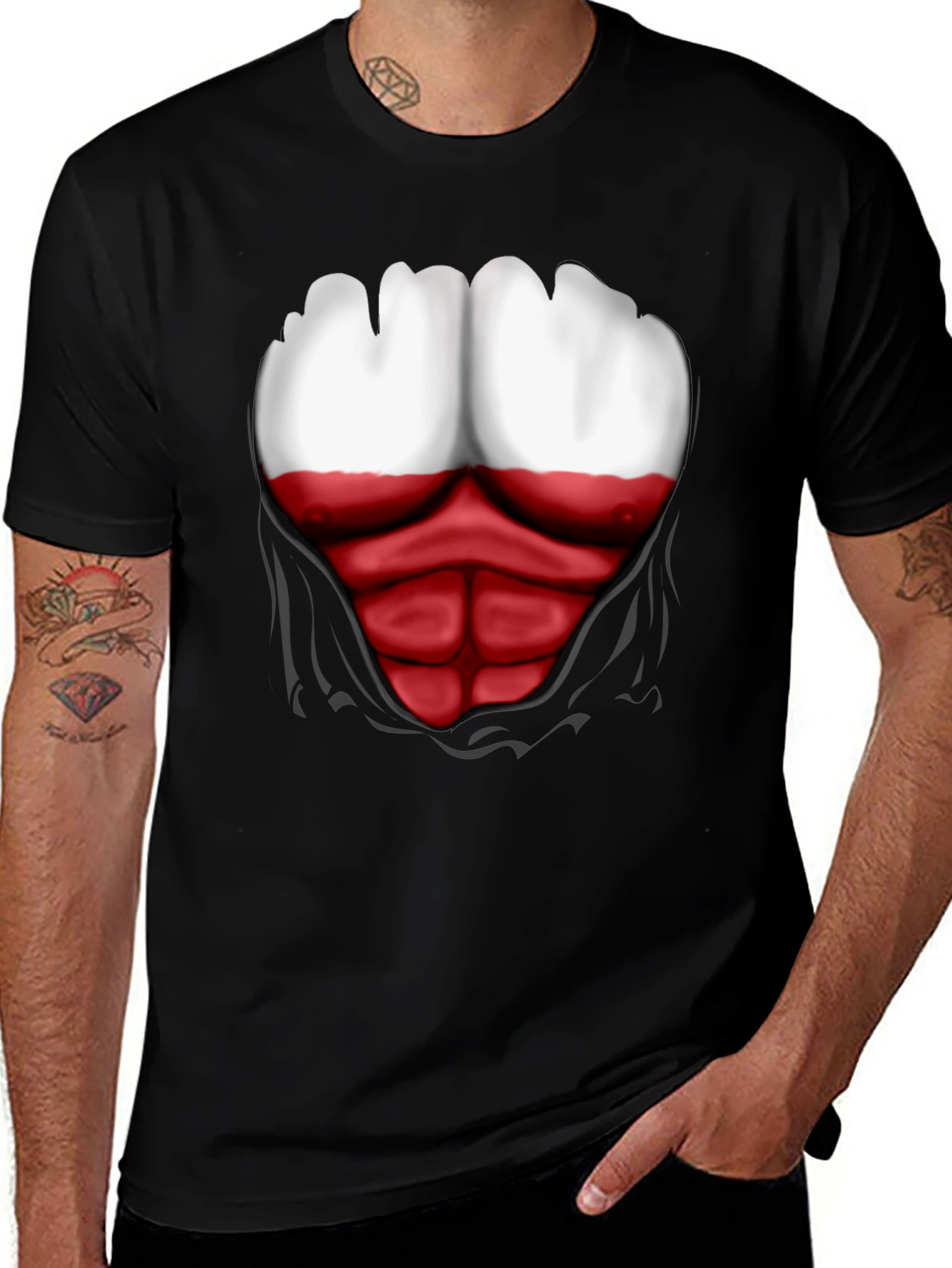 Poland Flag Chest Print Mens Black T-Shirt