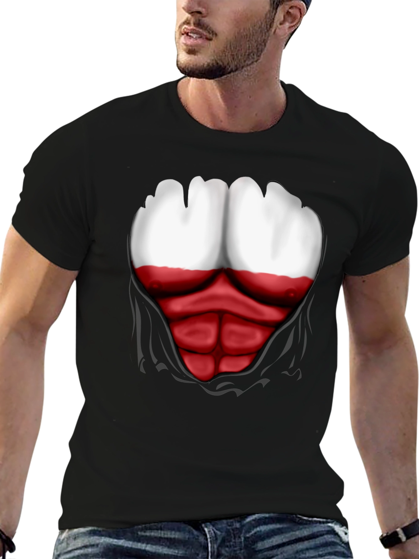 Poland Flag Chest Print Mens Black T-Shirt