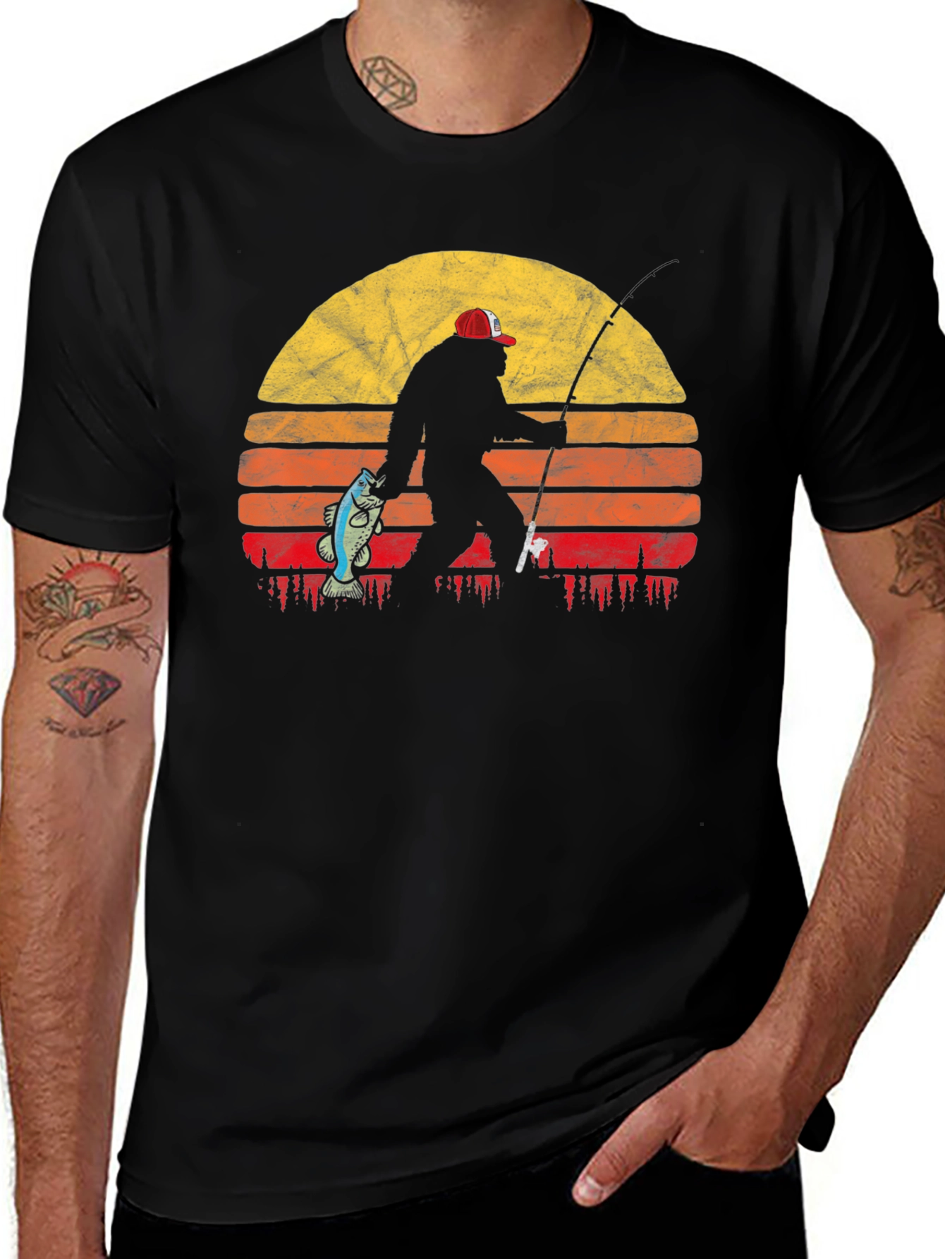 Bigfoot Fishing Sunset T-Shirt - Black