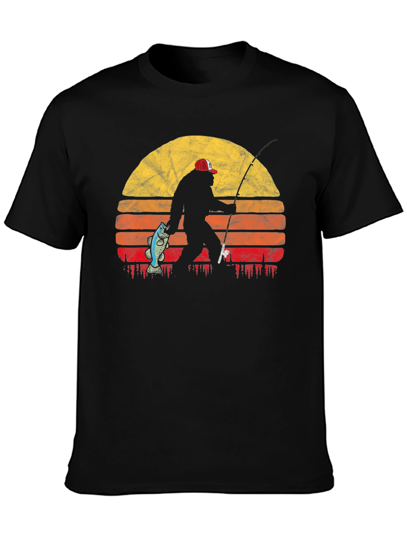 Bigfoot Fishing Sunset T-Shirt - Black