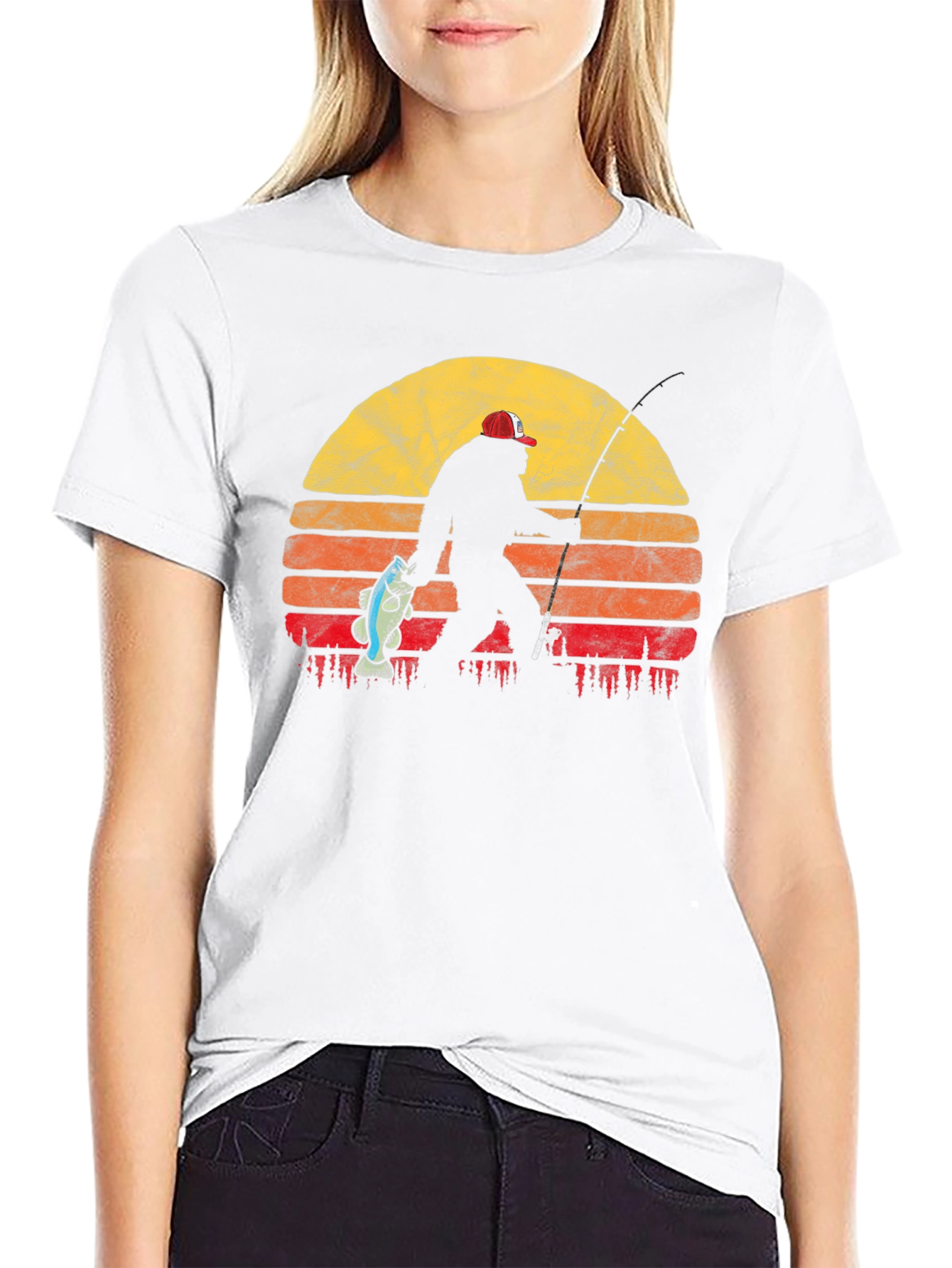 Bigfoot Fishing Sunset T-Shirt - Black