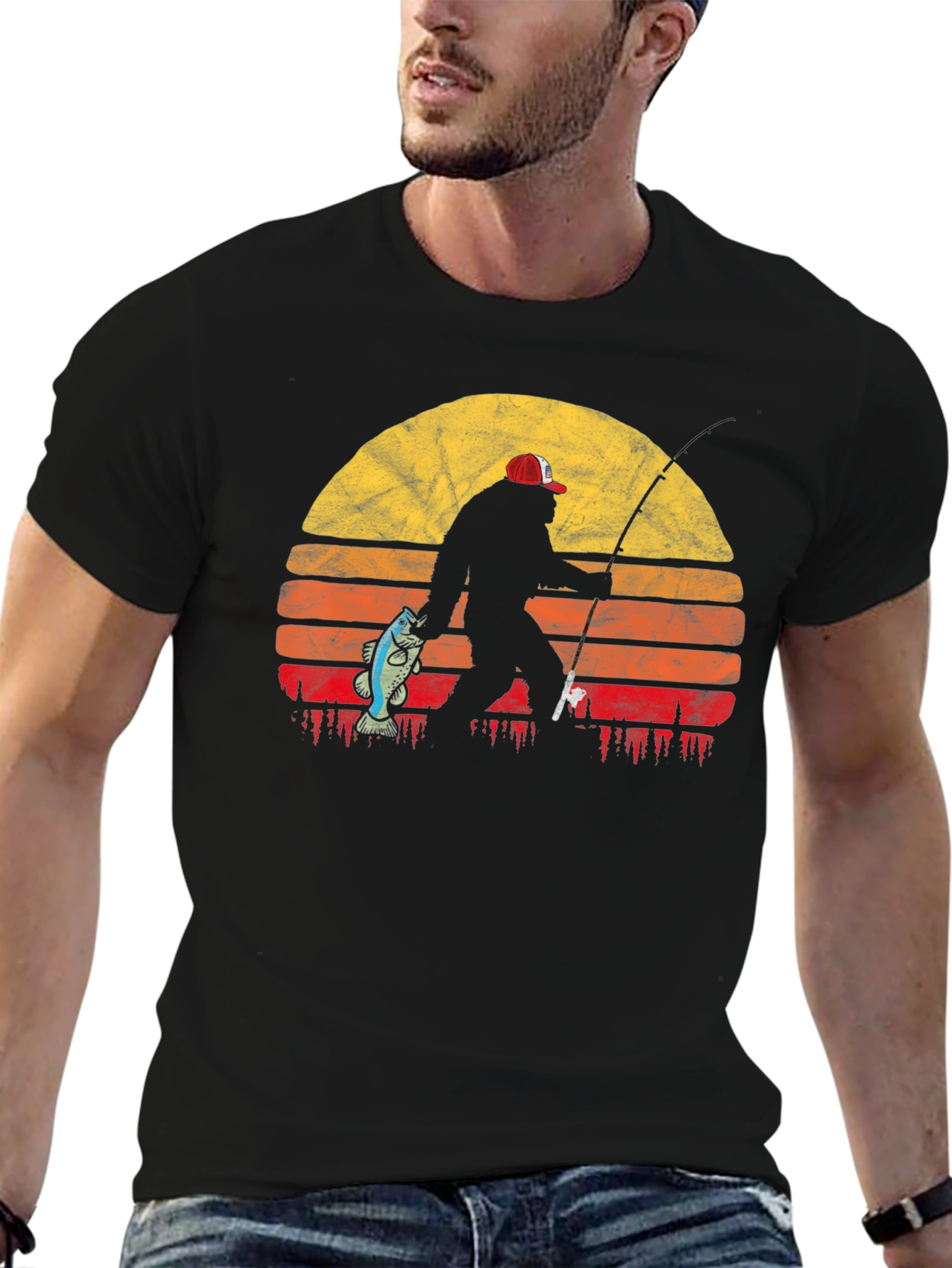 Bigfoot Fishing Sunset T-Shirt - Black