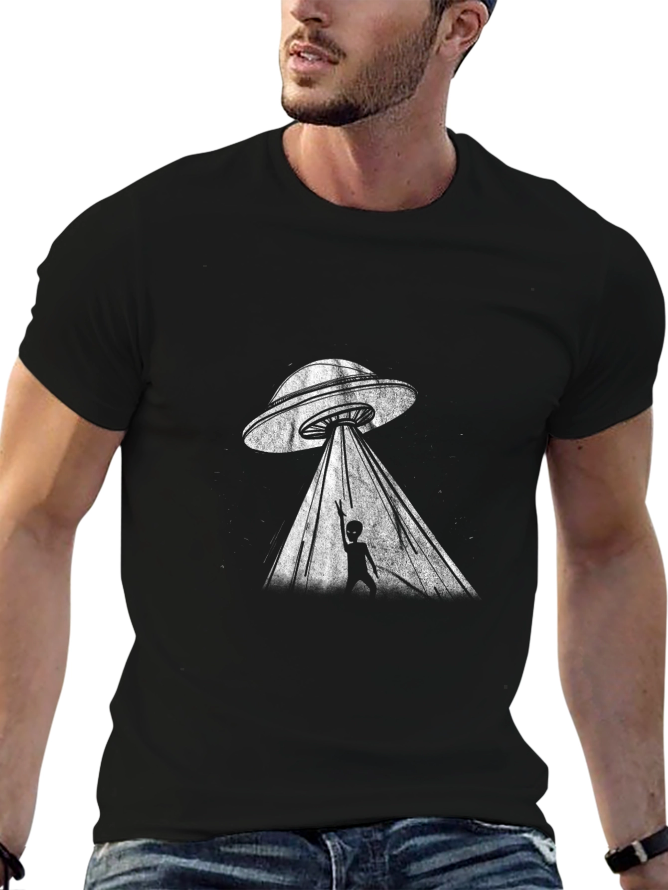 UFO Abduction Graphic T-Shirt - Black Cotton Tee