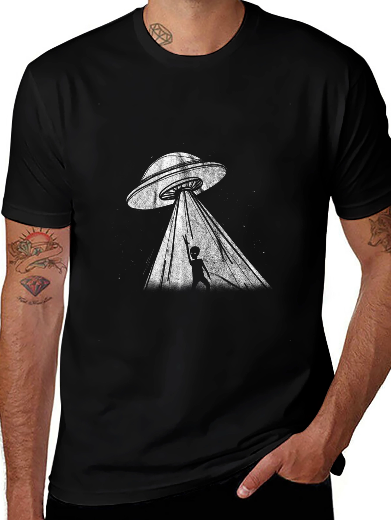 UFO Abduction Graphic T-Shirt - Black Cotton Tee