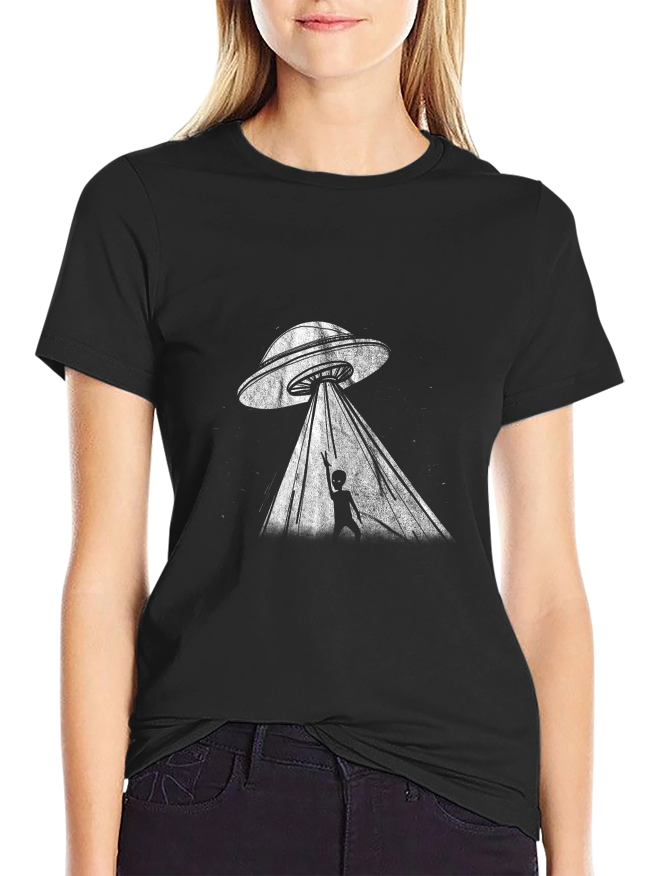 UFO Abduction Graphic T-Shirt - Black Cotton Tee