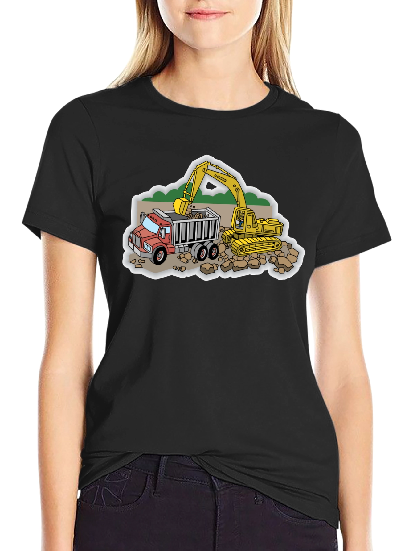 Construction Truck and Excavator Black T-Shirt