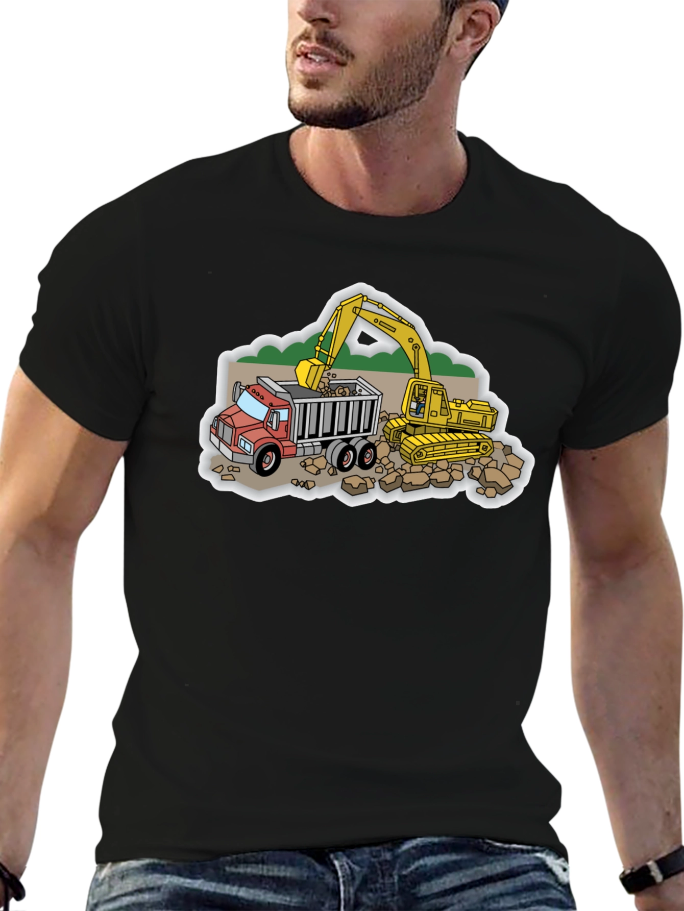 Construction Truck and Excavator Black T-Shirt