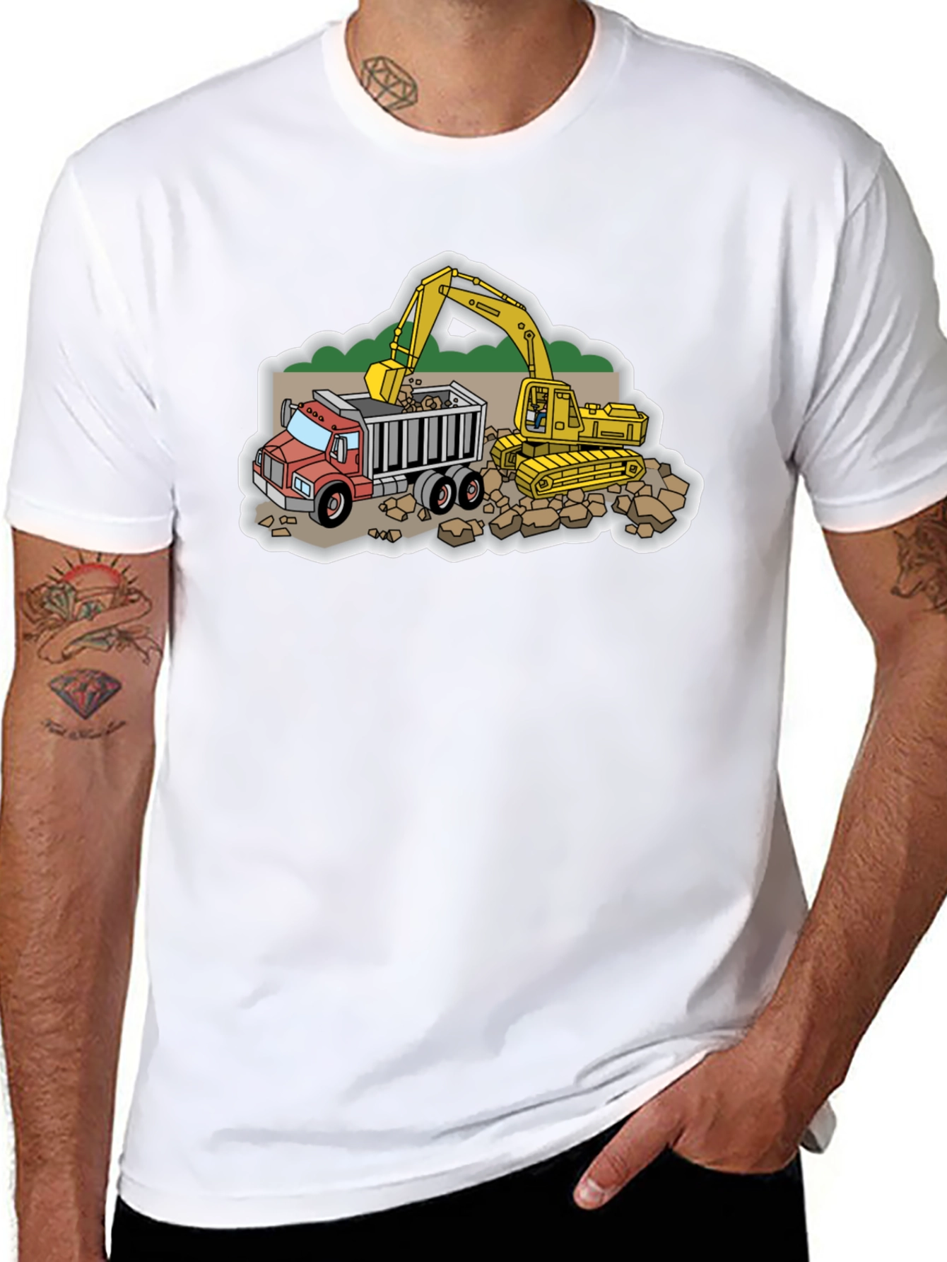 Construction Truck and Excavator Black T-Shirt