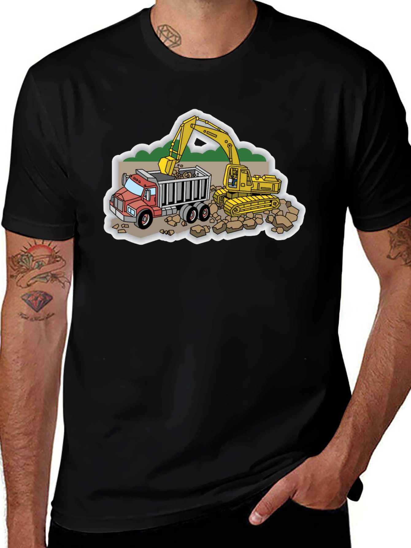 Construction Truck and Excavator Black T-Shirt