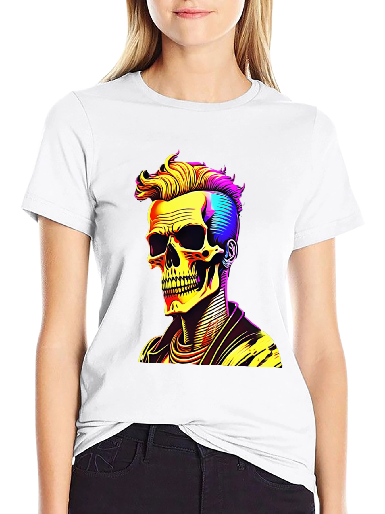 Skull with Punk Hairdo Black T-Shirt
