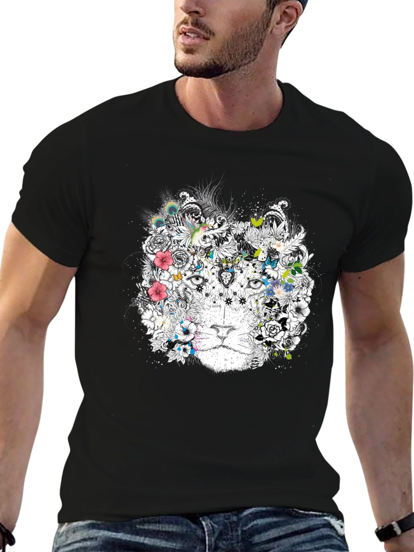 Floral Lion Graphic Black T-Shirt