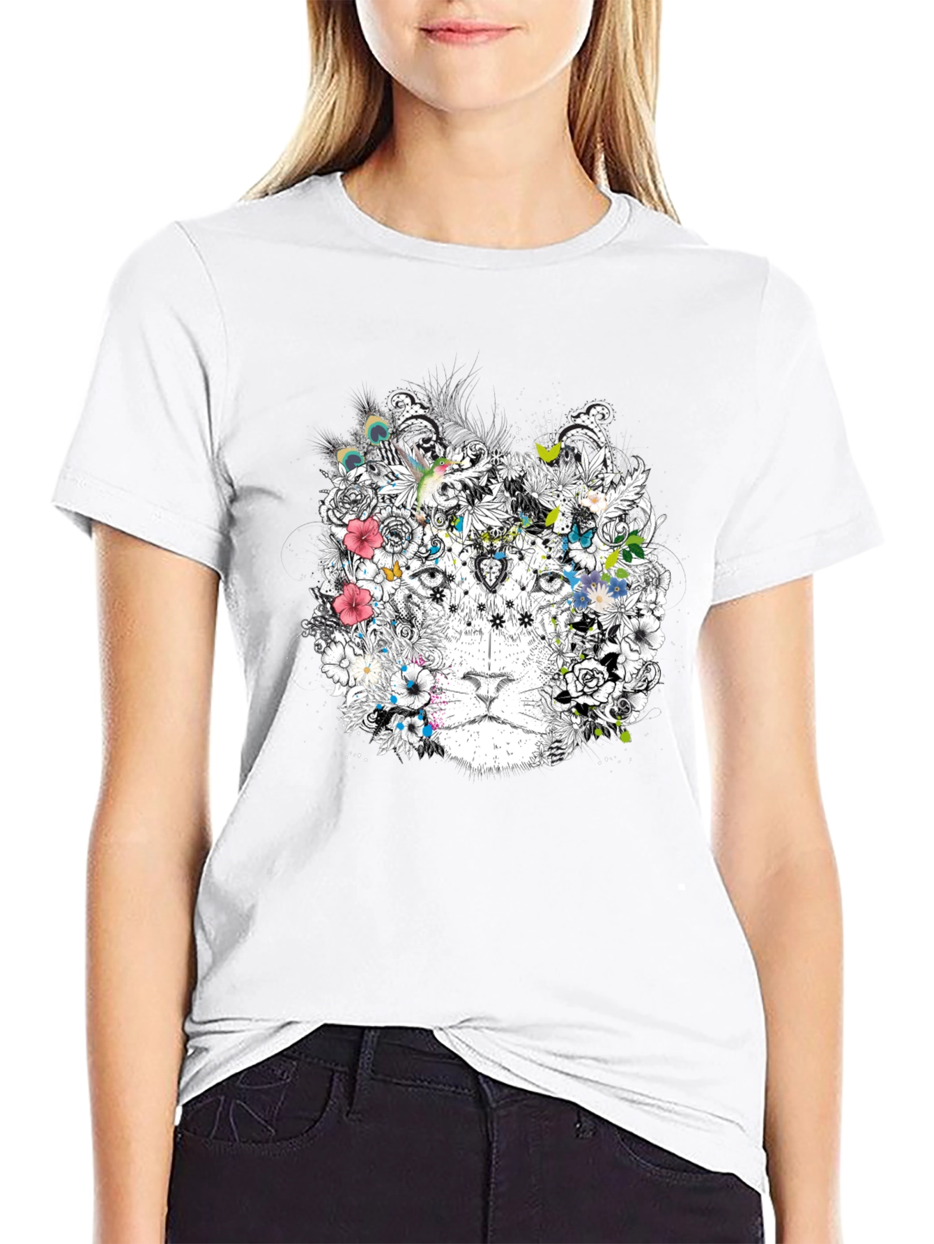 Floral Lion Graphic Black T-Shirt