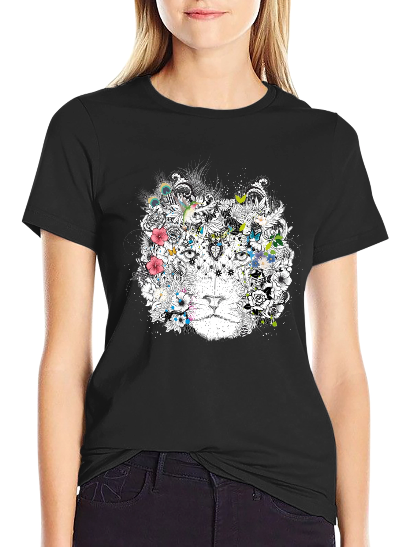 Floral Lion Graphic Black T-Shirt