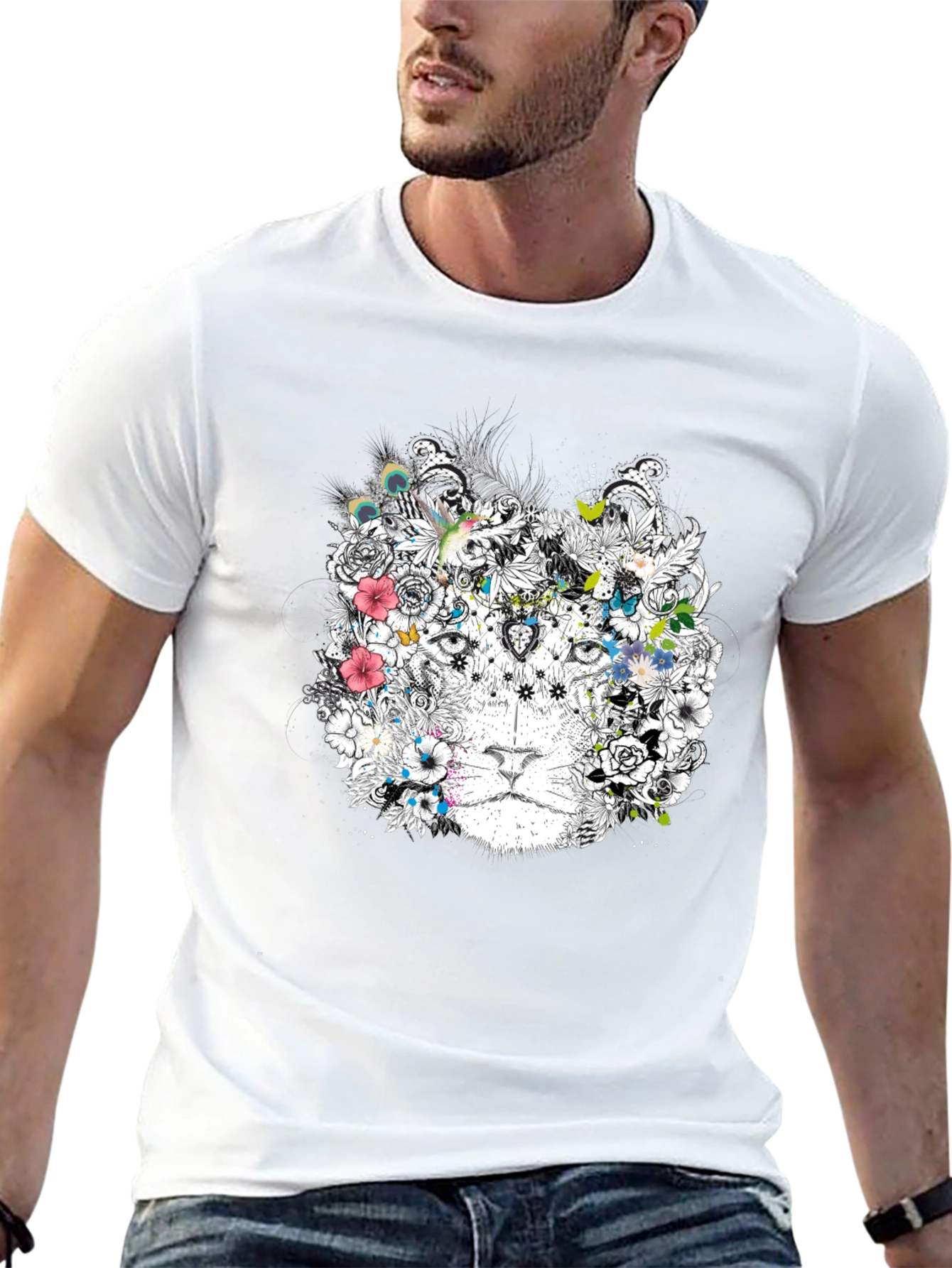 Floral Lion Graphic Black T-Shirt