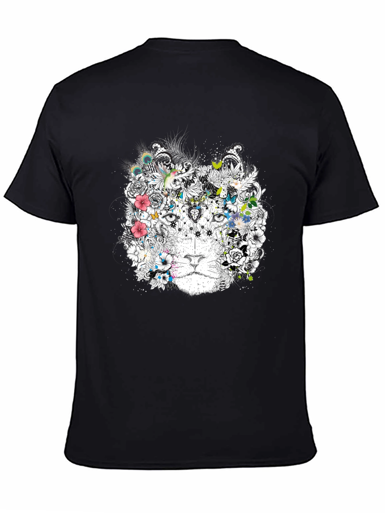Floral Lion Graphic Black T-Shirt