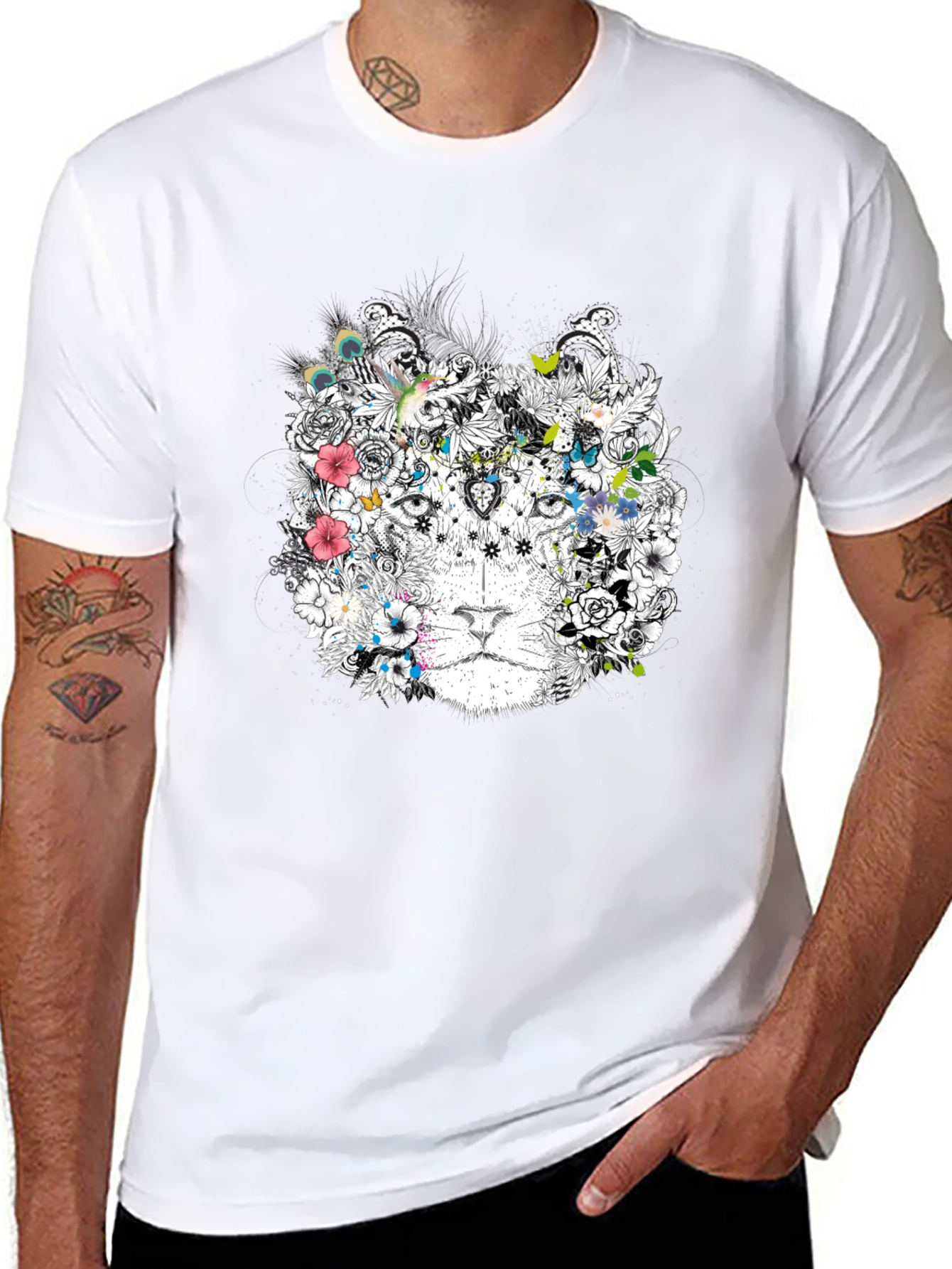 Floral Lion Graphic Black T-Shirt