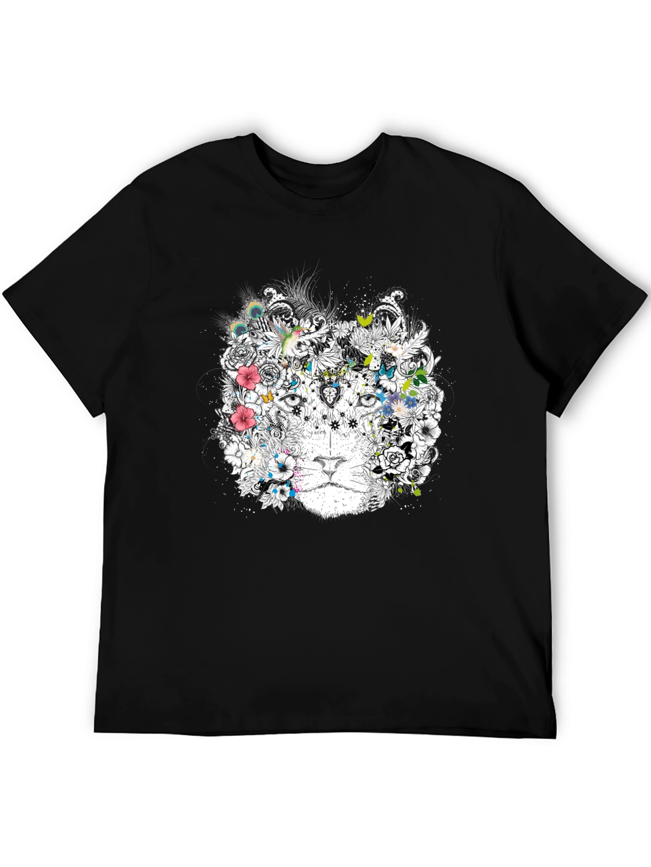 Floral Lion Graphic Black T-Shirt
