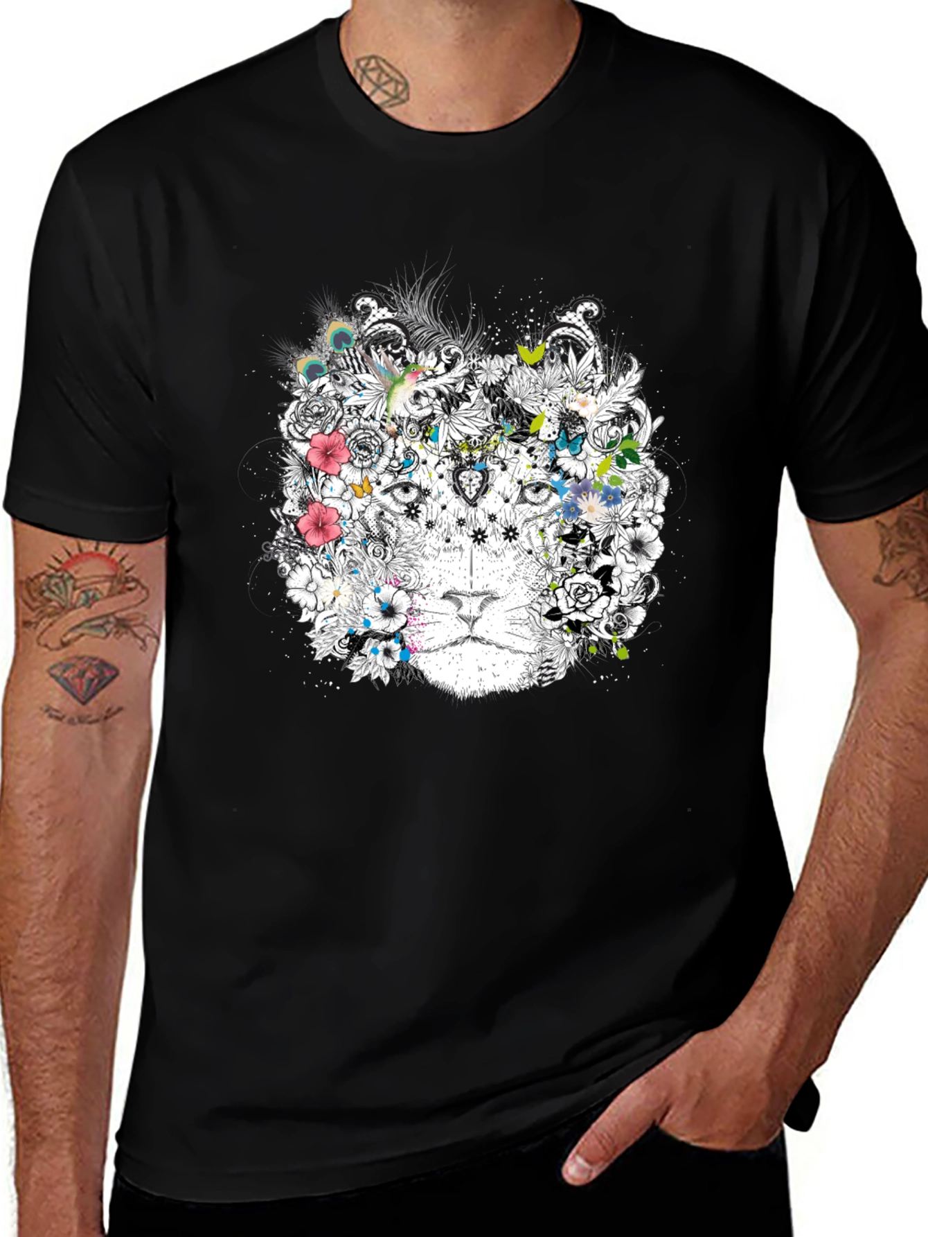 Floral Lion Graphic Black T-Shirt