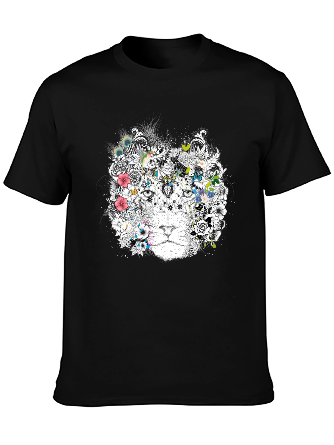 Floral Lion Graphic Black T-Shirt